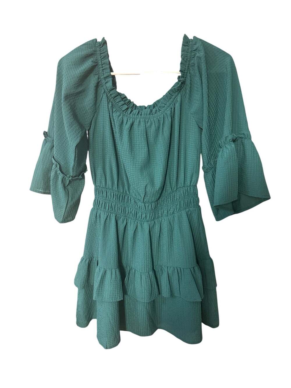 Lelis Green Textured Off-Shoulder Ruffle Mini Dress